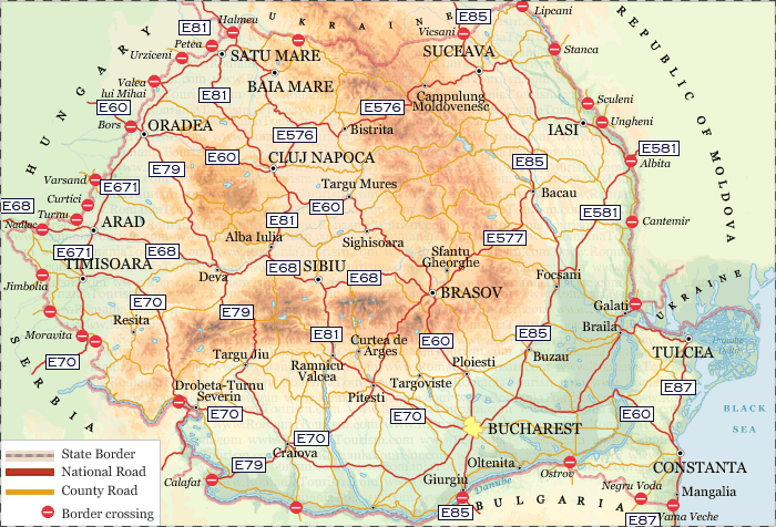 Romania - Main Roads/ Border Crossing Points
(Harta Rutiera a Romaniei / Puncte de Frontiera)
